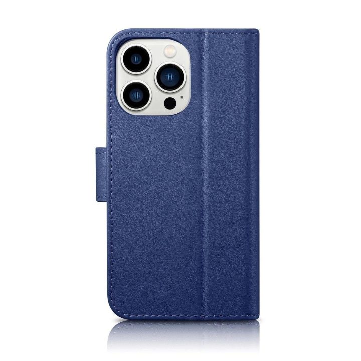 iCarer piniginės dėklas 2in1 iPhone 14 Pro odinis flip dėklas su apsauga nuo RFID, mėlynas (WMI14220726-BU)