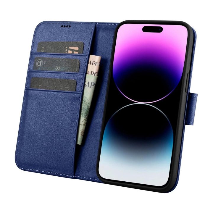 iCarer piniginės dėklas 2in1 iPhone 14 Pro odinis flip dėklas su apsauga nuo RFID, mėlynas (WMI14220726-BU)