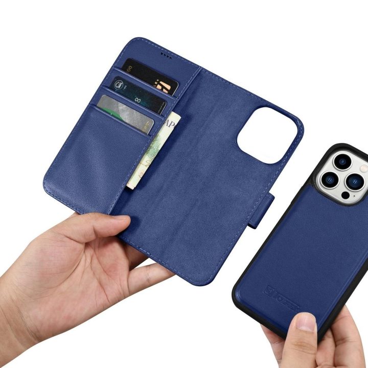 iCarer piniginės dėklas 2in1 iPhone 14 Pro odinis flip dėklas su apsauga nuo RFID, mėlynas (WMI14220726-BU)
