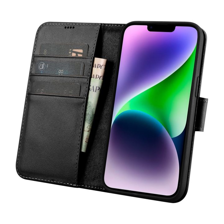 iCarer piniginės dėklas iPhone 14 Plus 2in1 dangtelis iPhone 14 Plus , apsaugotas nuo RFID, odinis flip dėklas, juodas (WMI14220