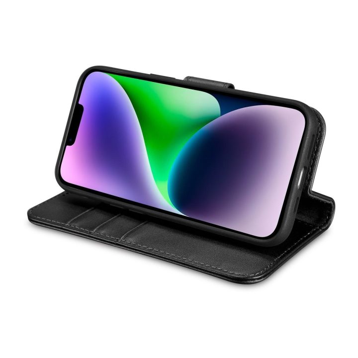 iCarer piniginės dėklas iPhone 14 Plus 2in1 dangtelis iPhone 14 Plus , apsaugotas nuo RFID, odinis flip dėklas, juodas (WMI14220
