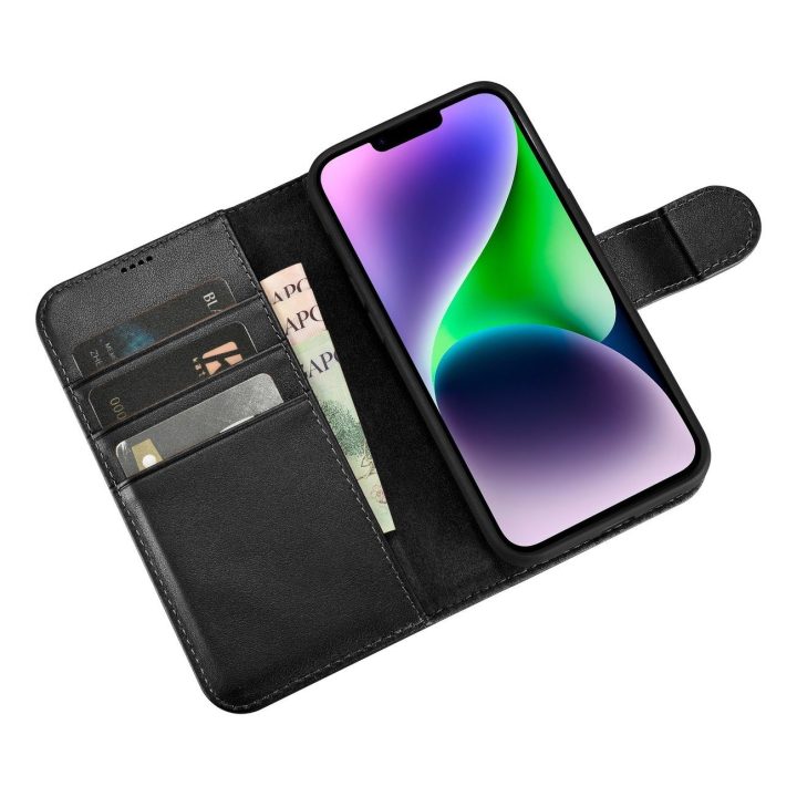 iCarer piniginės dėklas iPhone 14 Plus 2in1 dangtelis iPhone 14 Plus , apsaugotas nuo RFID, odinis flip dėklas, juodas (WMI14220