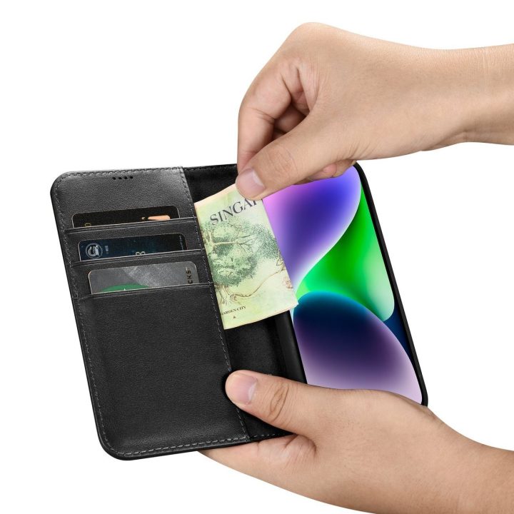 iCarer piniginės dėklas iPhone 14 Plus 2in1 dangtelis iPhone 14 Plus , apsaugotas nuo RFID, odinis flip dėklas, juodas (WMI14220