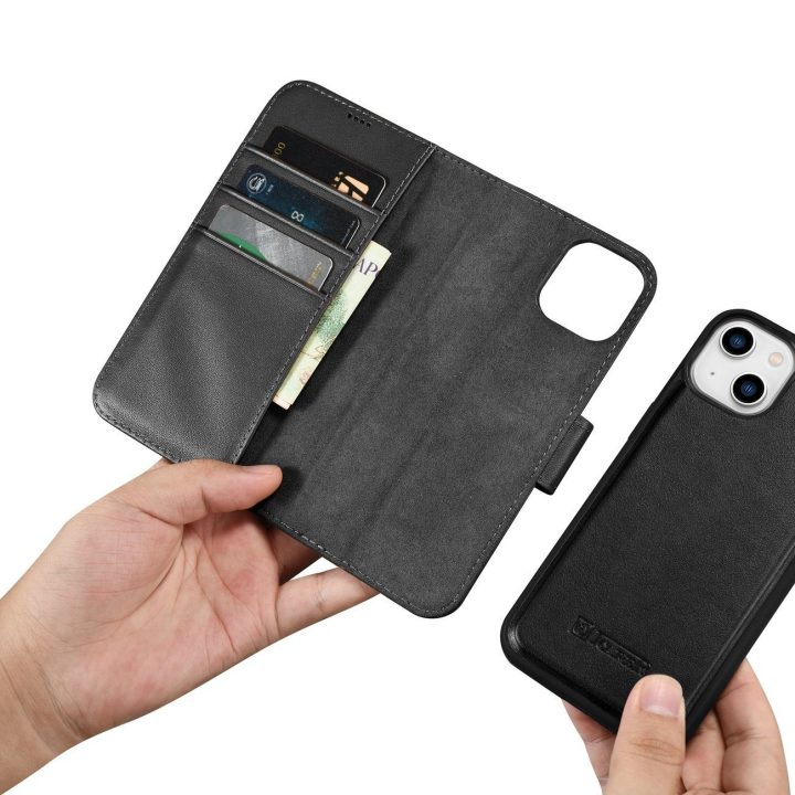 iCarer piniginės dėklas iPhone 14 Plus 2in1 dangtelis iPhone 14 Plus , apsaugotas nuo RFID, odinis flip dėklas, juodas (WMI14220