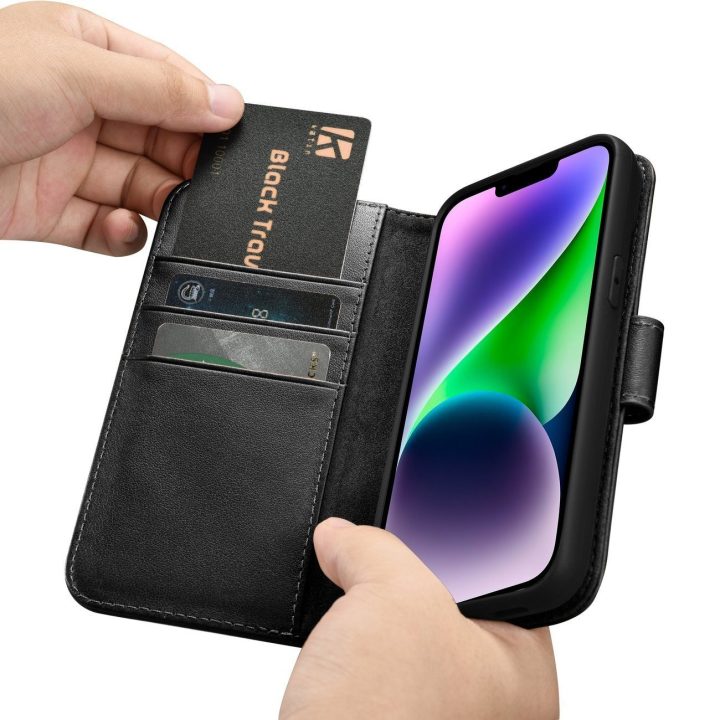 iCarer piniginės dėklas iPhone 14 Plus 2in1 dangtelis iPhone 14 Plus , apsaugotas nuo RFID, odinis flip dėklas, juodas (WMI14220