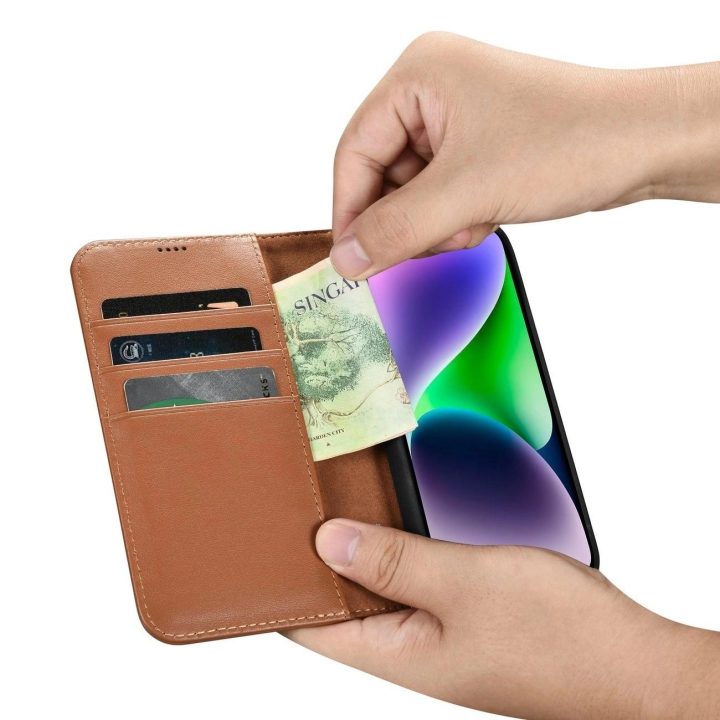 iCarer piniginės dėklas iPhone 14 Plus 2in1 dangtelis iPhone 14 Plus , apsaugotas nuo RFID, odinis flip dėklas, rudos spalvos (W