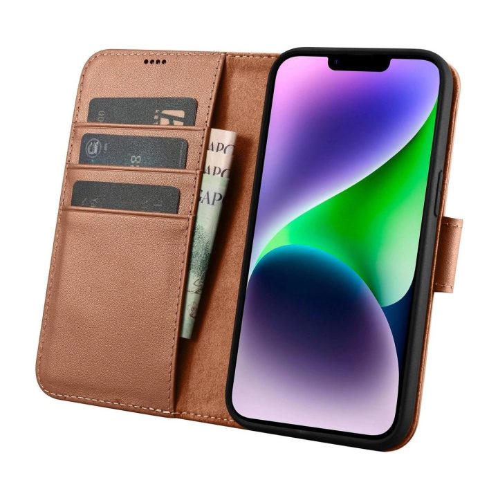 iCarer piniginės dėklas iPhone 14 Plus 2in1 dangtelis iPhone 14 Plus , apsaugotas nuo RFID, odinis flip dėklas, rudos spalvos (W