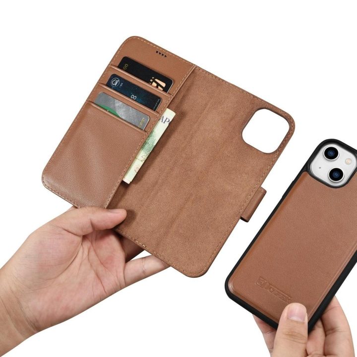 iCarer piniginės dėklas iPhone 14 Plus 2in1 dangtelis iPhone 14 Plus , apsaugotas nuo RFID, odinis flip dėklas, rudos spalvos (W