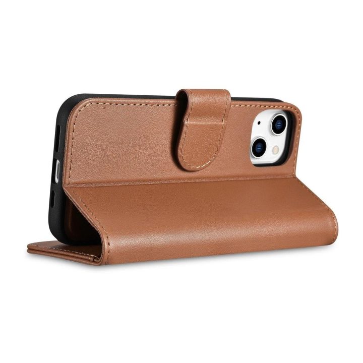 iCarer piniginės dėklas iPhone 14 Plus 2in1 dangtelis iPhone 14 Plus , apsaugotas nuo RFID, odinis flip dėklas, rudos spalvos (W