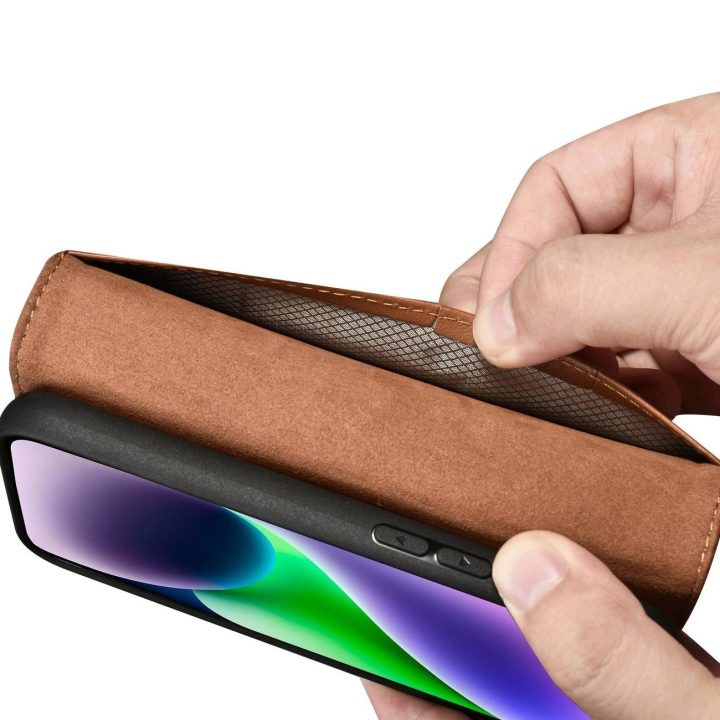 iCarer piniginės dėklas iPhone 14 Plus 2in1 dangtelis iPhone 14 Plus , apsaugotas nuo RFID, odinis flip dėklas, rudos spalvos (W