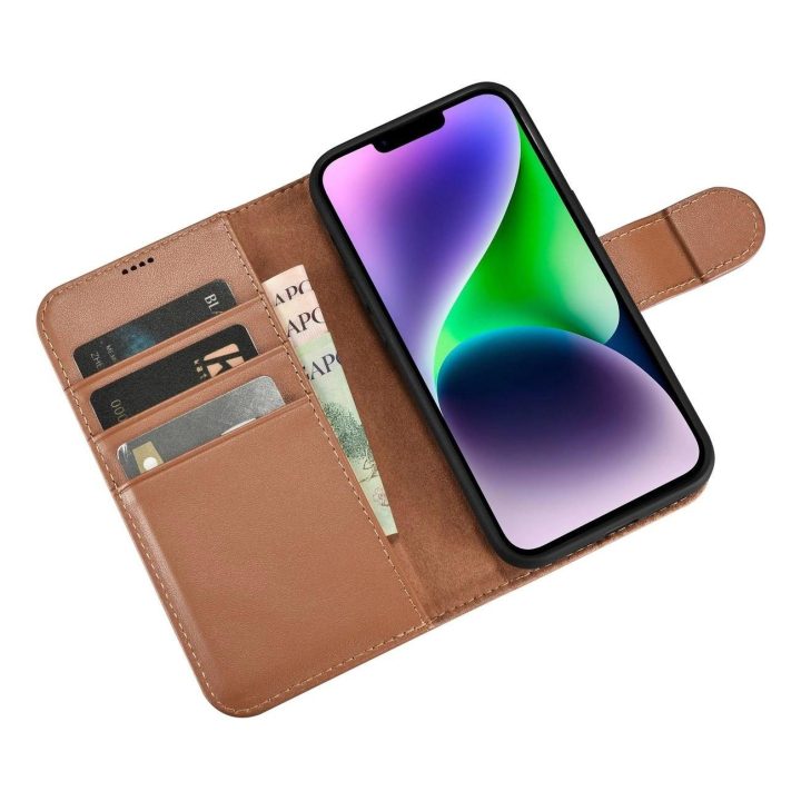 iCarer piniginės dėklas iPhone 14 Plus 2in1 dangtelis iPhone 14 Plus , apsaugotas nuo RFID, odinis flip dėklas, rudos spalvos (W