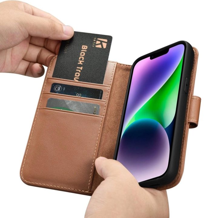 iCarer piniginės dėklas iPhone 14 Plus 2in1 dangtelis iPhone 14 Plus , apsaugotas nuo RFID, odinis flip dėklas, rudos spalvos (W