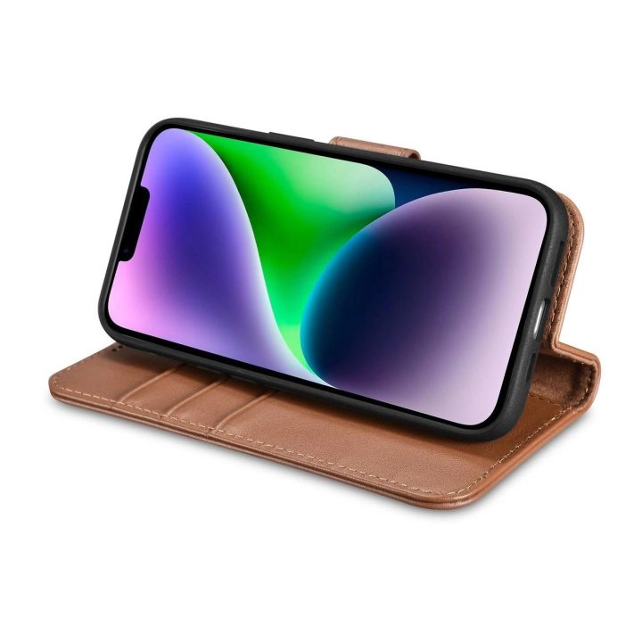 iCarer piniginės dėklas iPhone 14 Plus 2in1 dangtelis iPhone 14 Plus , apsaugotas nuo RFID, odinis flip dėklas, rudos spalvos (W