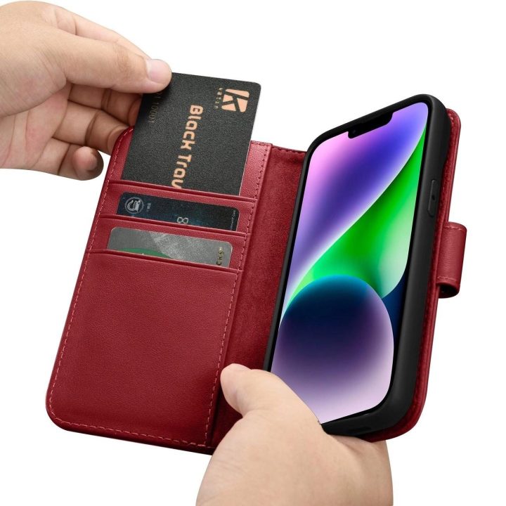 iCarer piniginės dėklas iPhone 14 Plus 2in1 dangtelis iPhone 14 Plus , apsaugotas nuo RFID, odinis flip dangtelis, raudonas (WMI