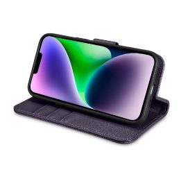 iCarer piniginės dėklas iPhone 14 Plus 2in1 dangtelis iPhone 14 Plus , apsaugotas nuo RFID, odinis flip dėklas tamsiai violetinė