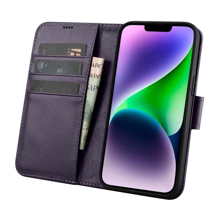 iCarer piniginės dėklas iPhone 14 Plus 2in1 dangtelis iPhone 14 Plus , apsaugotas nuo RFID, odinis flip dėklas tamsiai violetinė