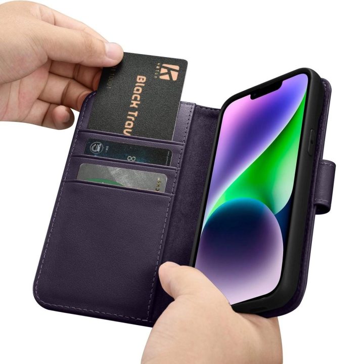 iCarer piniginės dėklas iPhone 14 Plus 2in1 dangtelis iPhone 14 Plus , apsaugotas nuo RFID, odinis flip dėklas tamsiai violetinė