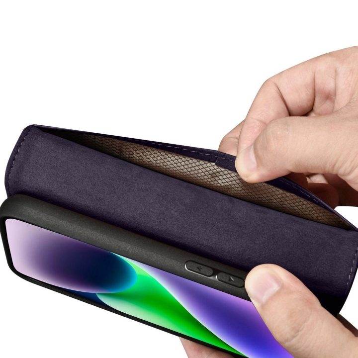 iCarer piniginės dėklas iPhone 14 Plus 2in1 dangtelis iPhone 14 Plus , apsaugotas nuo RFID, odinis flip dėklas tamsiai violetinė