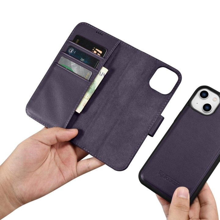 iCarer piniginės dėklas iPhone 14 Plus 2in1 dangtelis iPhone 14 Plus , apsaugotas nuo RFID, odinis flip dėklas tamsiai violetinė