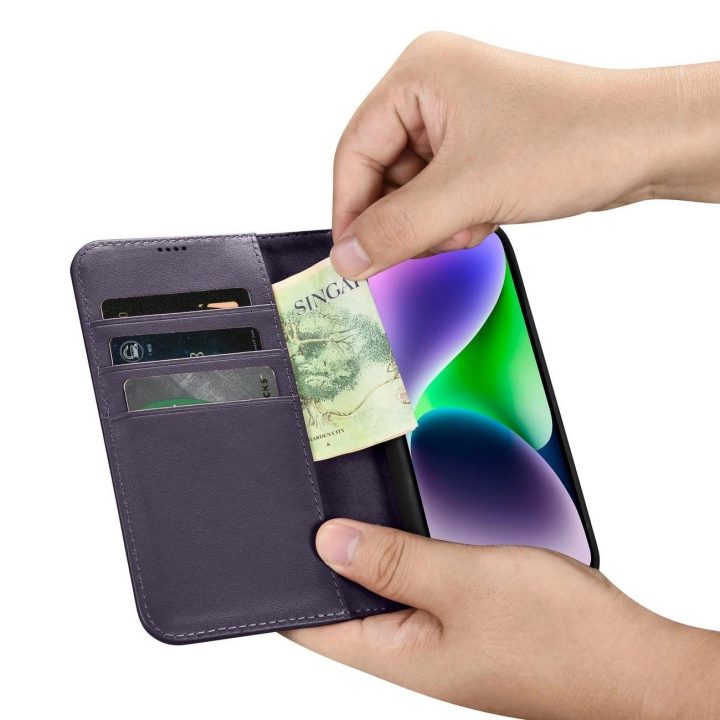 iCarer piniginės dėklas iPhone 14 Plus 2in1 dangtelis iPhone 14 Plus , apsaugotas nuo RFID, odinis flip dėklas tamsiai violetinė