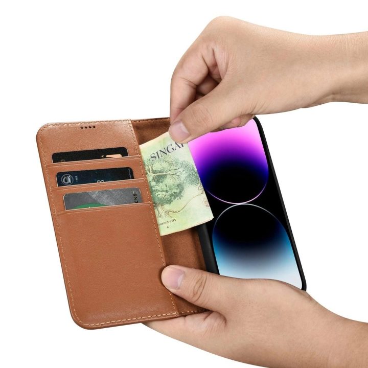 iCarer piniginės dėklas 2in1 iPhone 14 Pro Max odinis flip dangtelis Anti BN)