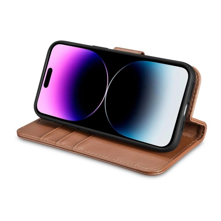 iCarer piniginės dėklas 2in1 iPhone 14 Pro Max odinis flip dangtelis Anti BN)
