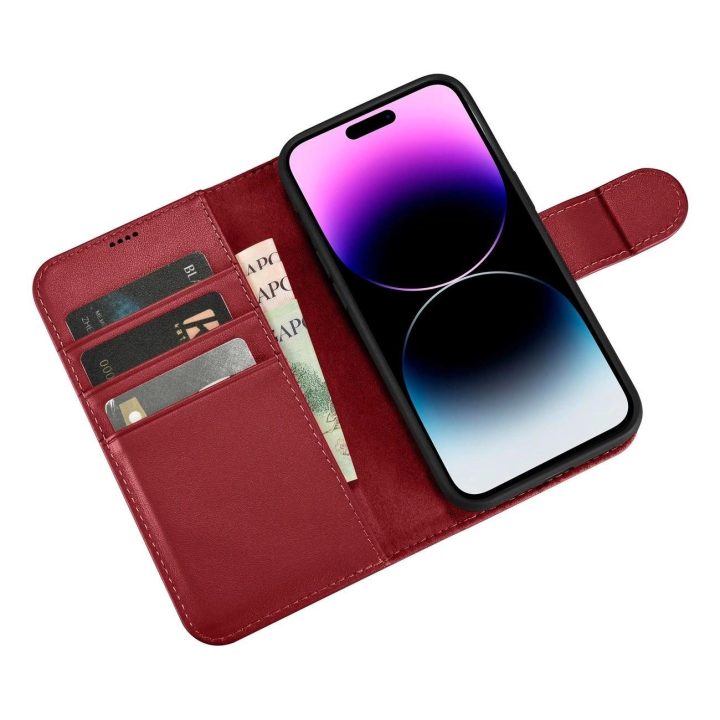 iCarer piniginės dėklas 2in1 iPhone 14 Pro Max odinis flip dangtelis Anti RD)