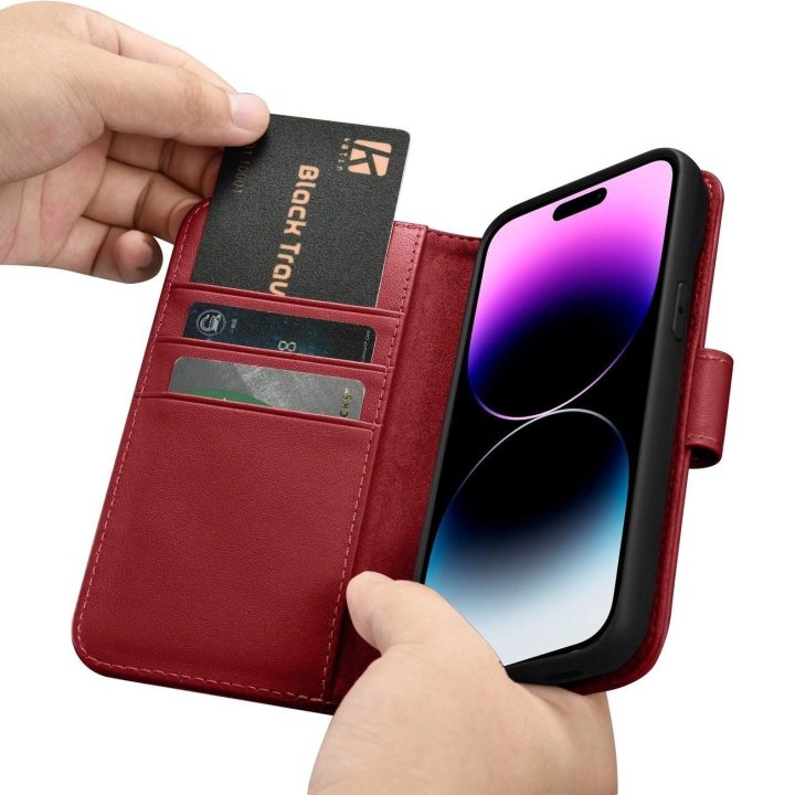 iCarer piniginės dėklas 2in1 iPhone 14 Pro Max odinis flip dangtelis Anti RD)