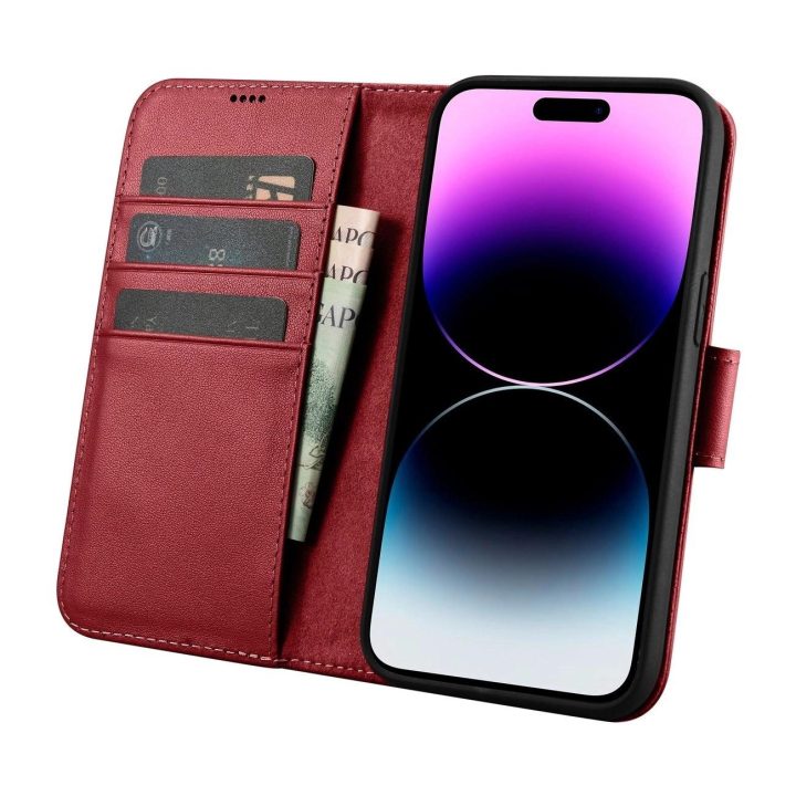 iCarer piniginės dėklas 2in1 iPhone 14 Pro Max odinis flip dangtelis Anti RD)