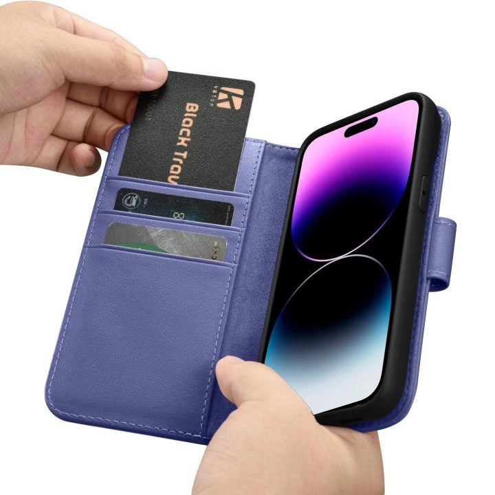 iCarer piniginės dėklas 2in1 iPhone 14 Pro Max odinis flip dangtelis su apsauga nuo RFID šviesiai violetinės spalvos (WMI1422072
