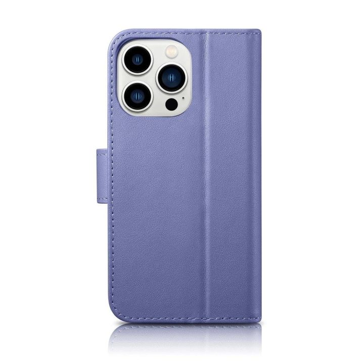 iCarer piniginės dėklas 2in1 iPhone 14 Pro Max odinis flip dangtelis su apsauga nuo RFID šviesiai violetinės spalvos (WMI1422072