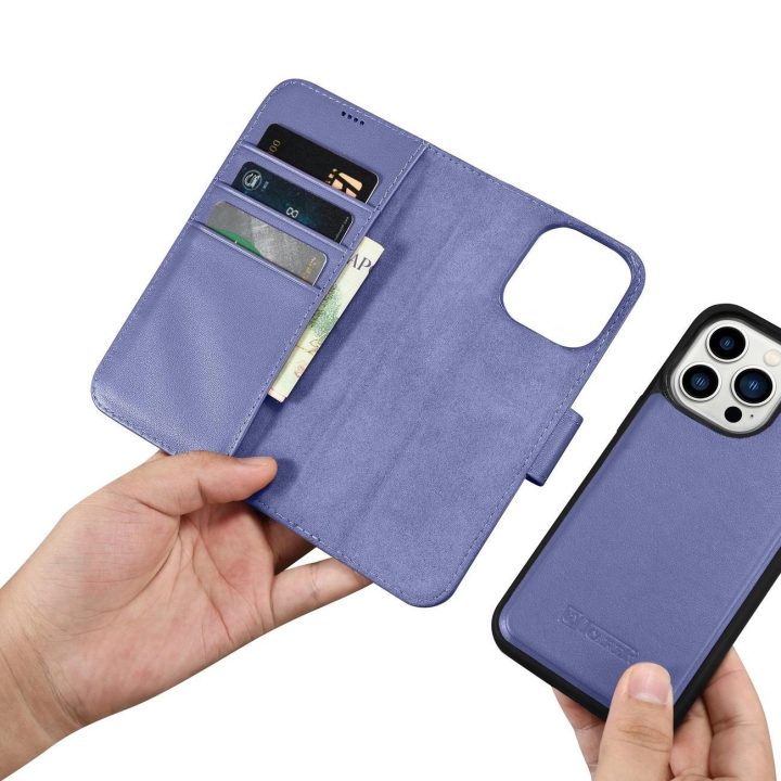 iCarer piniginės dėklas 2in1 iPhone 14 Pro Max odinis flip dangtelis su apsauga nuo RFID šviesiai violetinės spalvos (WMI1422072