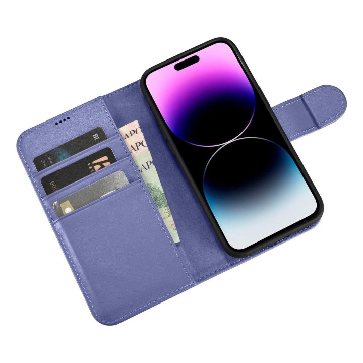 iCarer piniginės dėklas 2in1 iPhone 14 Pro Max odinis flip dangtelis su apsauga nuo RFID šviesiai violetinės spalvos (WMI1422072