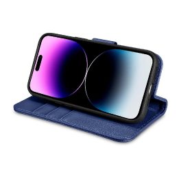 iCarer piniginės dėklas 2in1 iPhone 14 Pro Max odinis atverčiamasis dėklas su apsauga nuo RFID mėlynos spalvos (WMI14220728-BU)