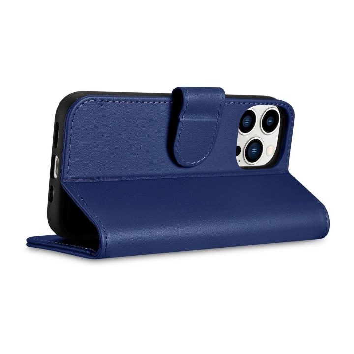 iCarer piniginės dėklas 2in1 iPhone 14 Pro Max odinis atverčiamasis dėklas su apsauga nuo RFID mėlynos spalvos (WMI14220728-BU)