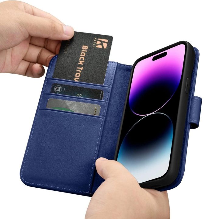 iCarer piniginės dėklas 2in1 iPhone 14 Pro Max odinis atverčiamasis dėklas su apsauga nuo RFID mėlynos spalvos (WMI14220728-BU)