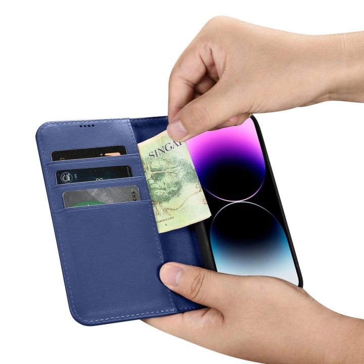 iCarer piniginės dėklas 2in1 iPhone 14 Pro Max odinis atverčiamasis dėklas su apsauga nuo RFID mėlynos spalvos (WMI14220728-BU)