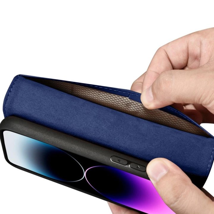 iCarer piniginės dėklas 2in1 iPhone 14 Pro Max odinis atverčiamasis dėklas su apsauga nuo RFID mėlynos spalvos (WMI14220728-BU)