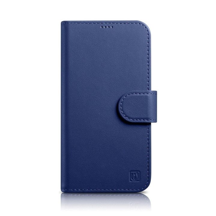 iCarer piniginės dėklas 2in1 iPhone 14 Pro Max odinis atverčiamasis dėklas su apsauga nuo RFID mėlynos spalvos (WMI14220728-BU)