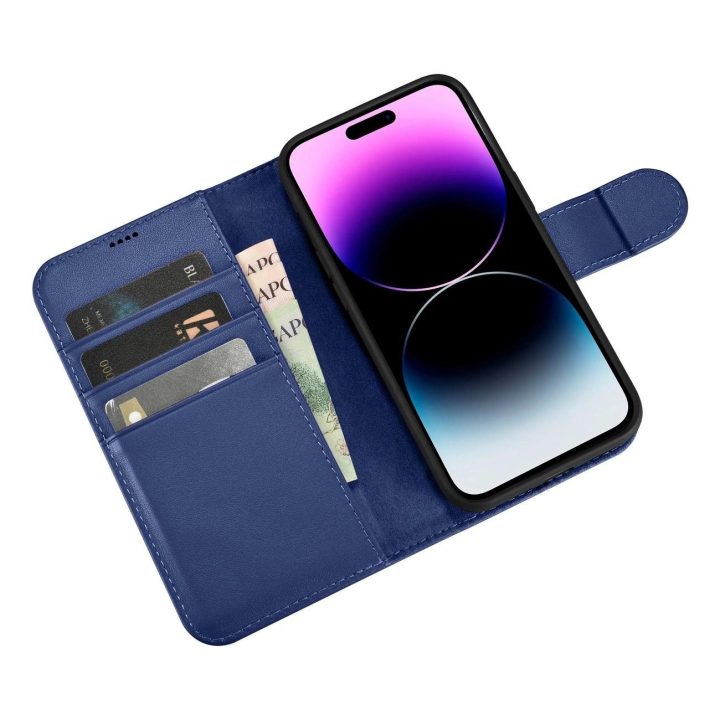 iCarer piniginės dėklas 2in1 iPhone 14 Pro Max odinis atverčiamasis dėklas su apsauga nuo RFID mėlynos spalvos (WMI14220728-BU)