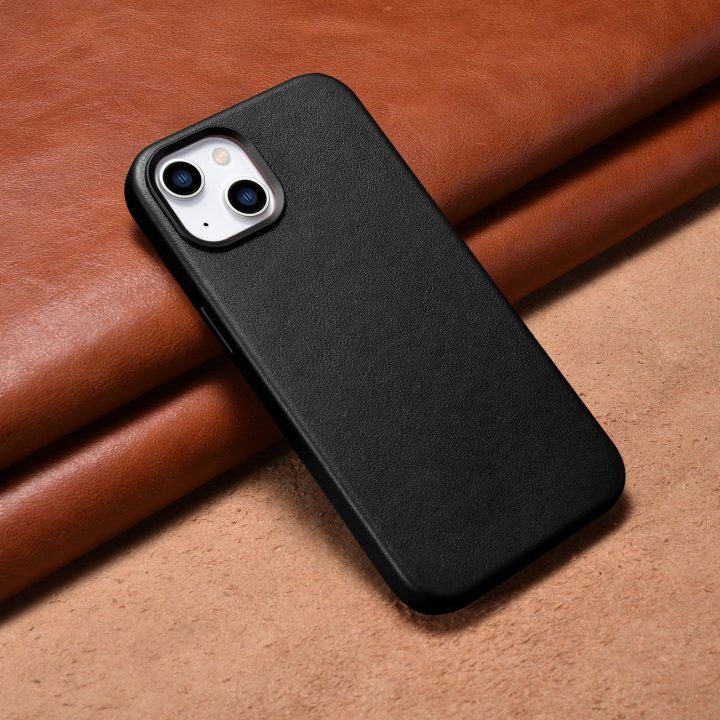 iCarer Case odinis dangtelis iPhone 14 Plus tikros odos dėklas, juodas (suderinamas su MagSafe )