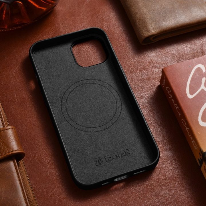 iCarer Case odinis dangtelis iPhone 14 Plus tikros odos dėklas, juodas (suderinamas su MagSafe )