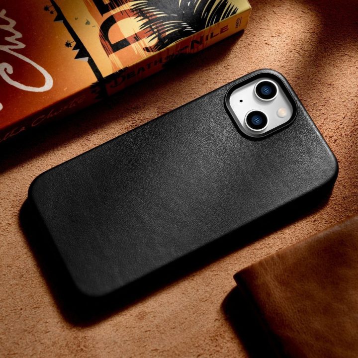 iCarer Case odinis dangtelis iPhone 14 Plus tikros odos dėklas, juodas (suderinamas su MagSafe )