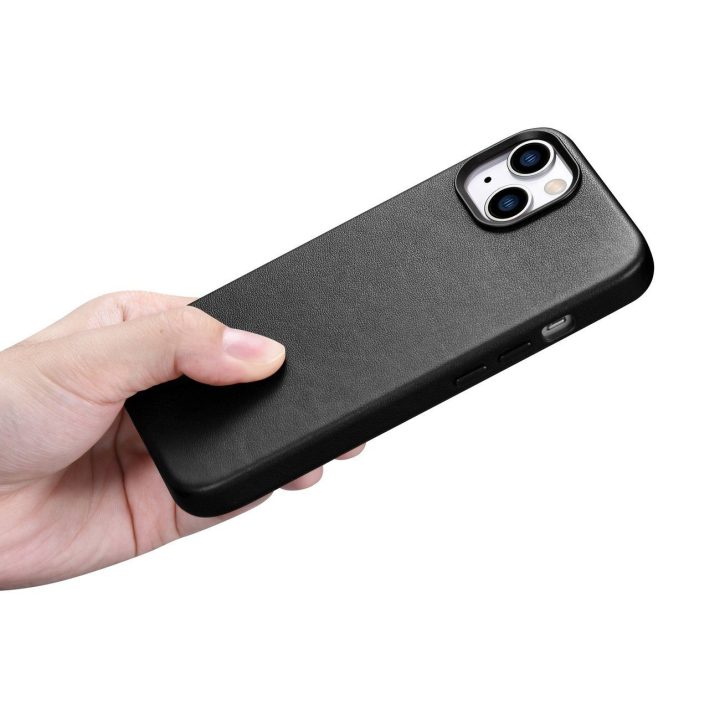 iCarer Case odinis dangtelis iPhone 14 Plus tikros odos dėklas, juodas (suderinamas su MagSafe )