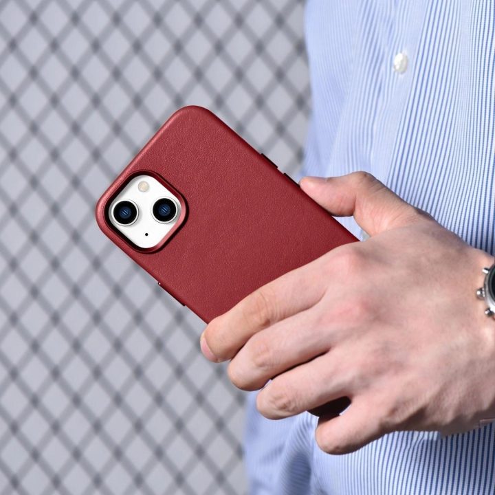 iCarer Case odinis natūralios odos dėklas, skirtas iPhone 14 Plus , raudonas (suderinamas su MagSafe )