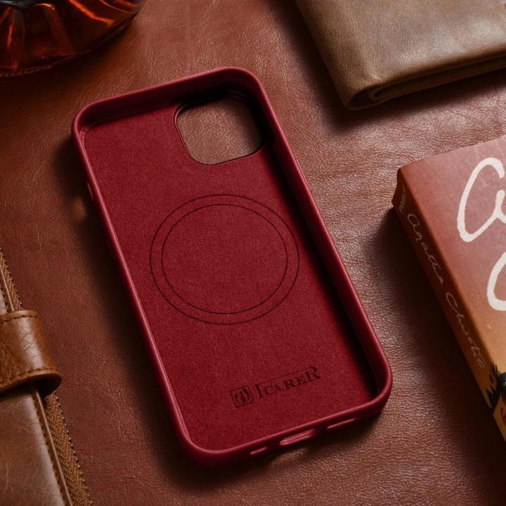 iCarer Case odinis natūralios odos dėklas, skirtas iPhone 14 Plus , raudonas (suderinamas su MagSafe )