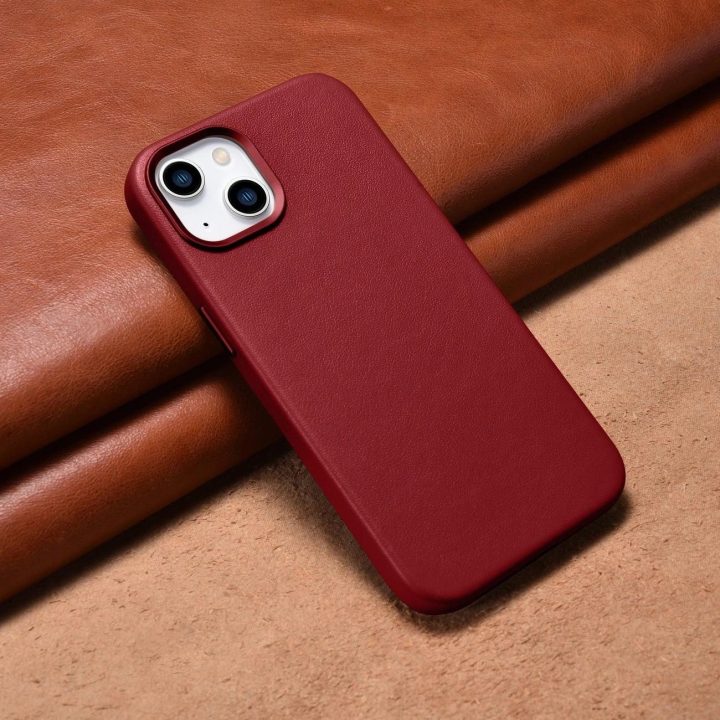 iCarer Case odinis natūralios odos dėklas, skirtas iPhone 14 Plus , raudonas (suderinamas su MagSafe )