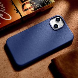 iCarer Case odinis dangtelis iPhone 14 Plus , mėlynos spalvos, iš natūralios odos (suderinamas su MagSafe )