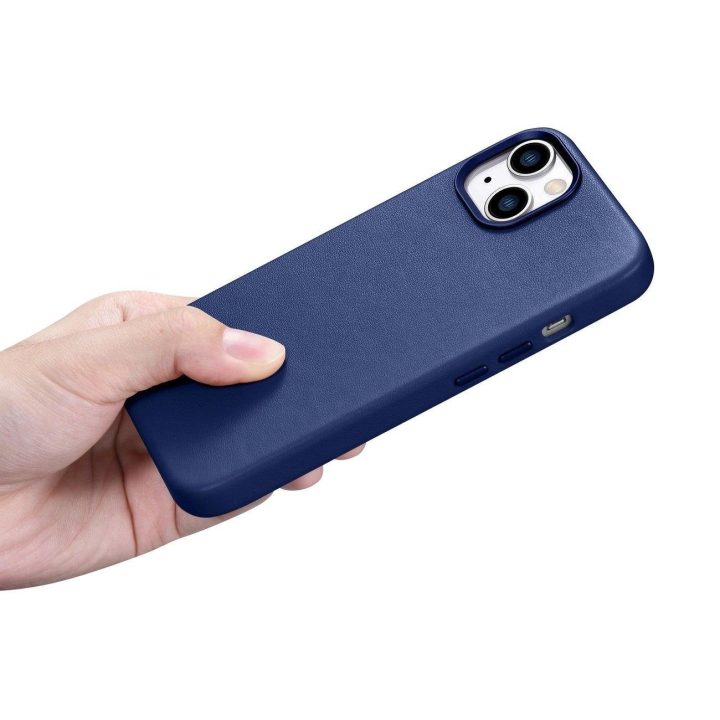 iCarer Case odinis dangtelis iPhone 14 Plus , mėlynos spalvos, iš natūralios odos (suderinamas su MagSafe )
