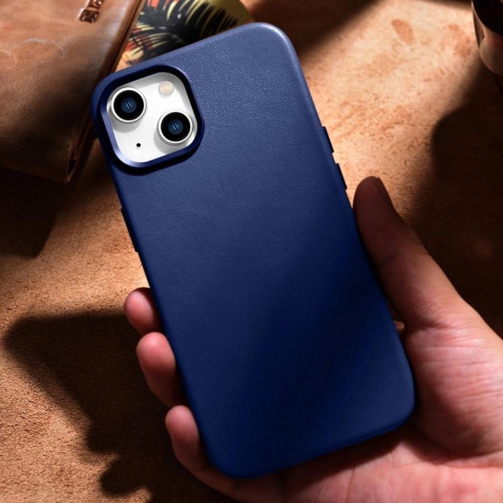 iCarer Case odinis dangtelis iPhone 14 Plus , mėlynos spalvos, iš natūralios odos (suderinamas su MagSafe )